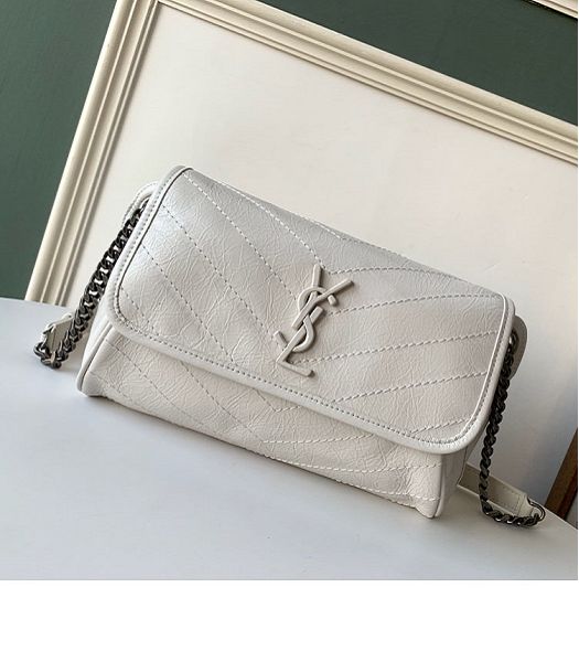 YSL Niki White Original Oil Wax Real Leather Silver Metal Body Belt Bag