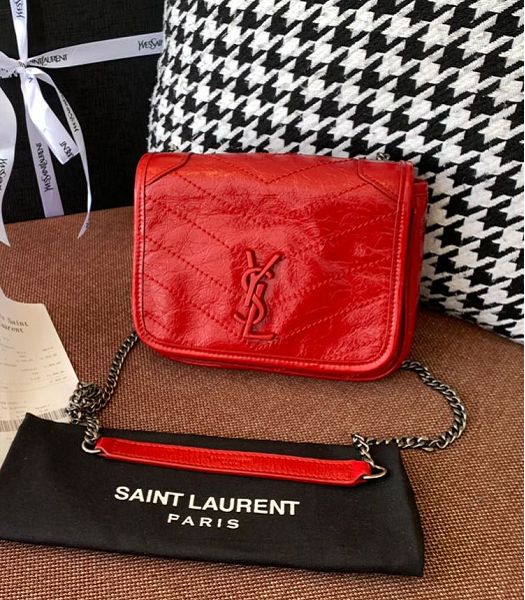 YSL Niki Monogram Vintage Red Original Oil Wax Real Leather Wallet On Chain