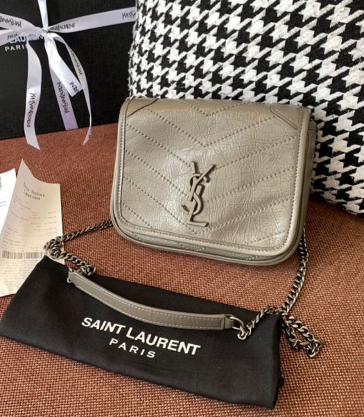 YSL Niki Monogram Vintage Grey Original Oil Wax Real Leather Wallet On Chain