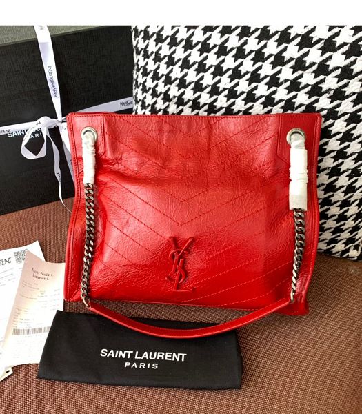 YSL Niki Monogram Red Original Wrinkly Leather Medium Shopping Bag