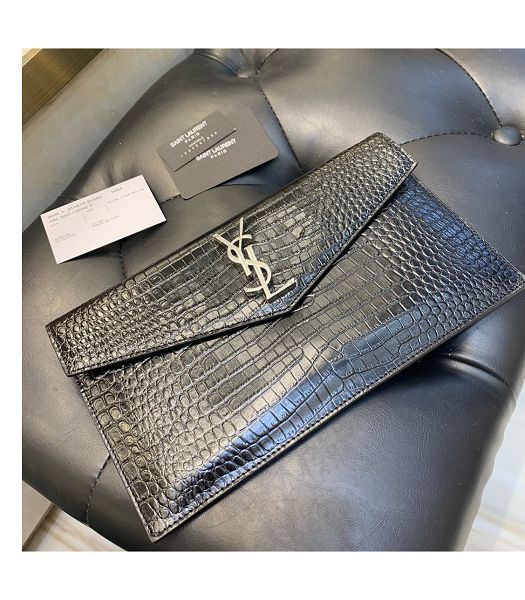 YSL Uptown Black Original Croc Veins Real Leather Silver Metal Envelope Pouch