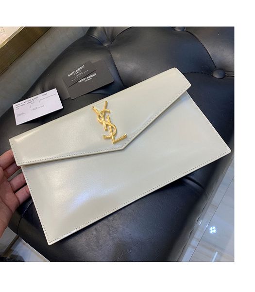 YSL Uptown White Original Smooth Real Leather Golden Metal Envelope Pouch