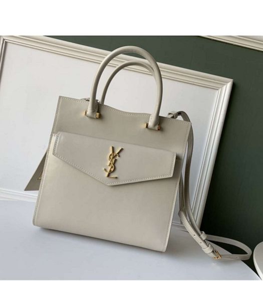 YSL Uptown White Original Smooth Real Leather Golden Metal Small Tote Bag