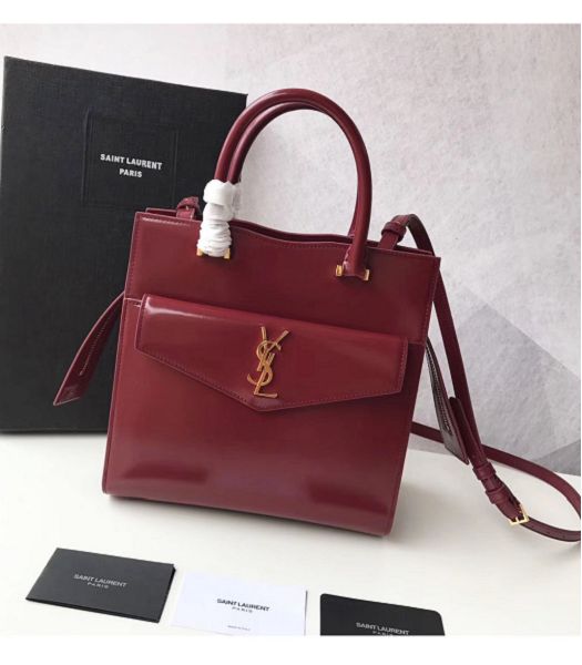 YSL Uptown Wine Red Original Smooth Real Leather Golden Metal Small Tote Bag