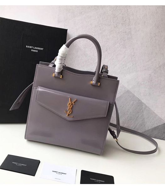 YSL Uptown Grey Original Smooth Real Leather Golden Metal Small Tote Bag