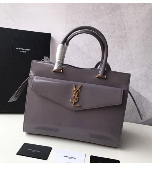 YSL Uptown Grey Original Smooth Real Leather Golden Metal Medium Tote Bag