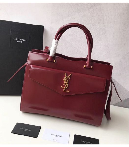 YSL Uptown Wine Red Original Smooth Real Leather Golden Metal Medium Tote Bag