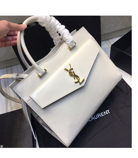 YSL Uptown White Original Smooth Real Leather Golden Metal Medium Tote Bag