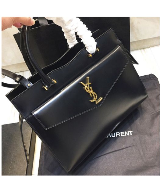 YSL Uptown Black Original Smooth Real Leather Golden Metal Medium Tote Bag