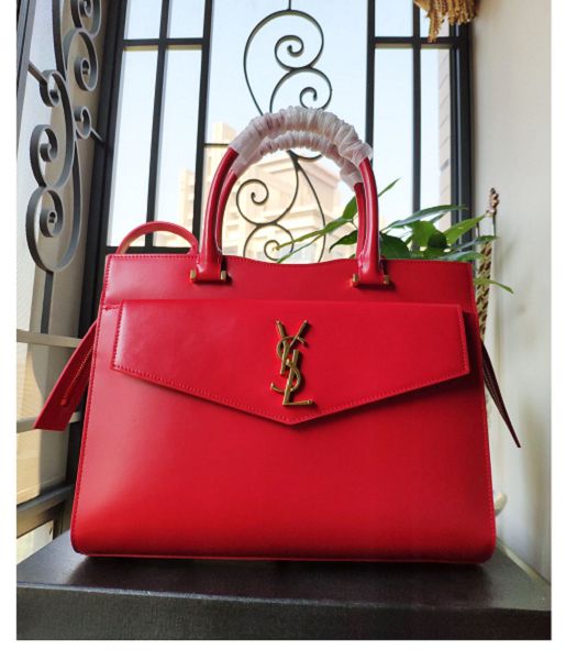 YSL Uptown Red Original Smooth Real Leather Golden Metal Medium Tote Bag