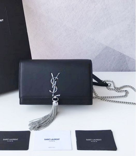 YSL Kate Black Original Smooth Real Leather Tassel Silver Metal Wallet On Chain