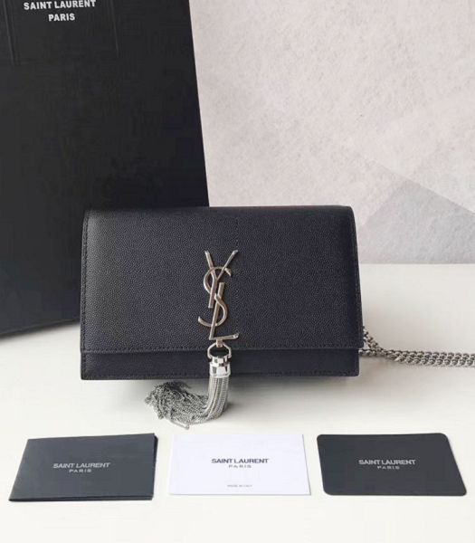 YSL Kate Black Original Caviar Leather Tassel Silver Metal Wallet On Chain