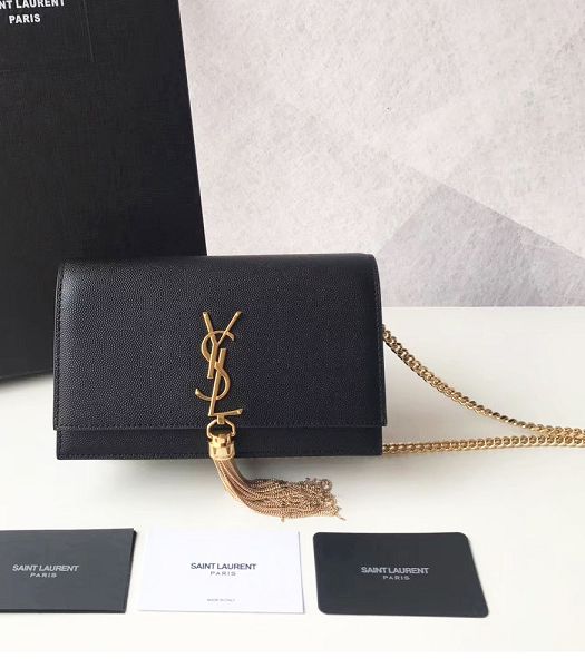 YSL Kate Black Original Caviar Leather Tassel Golden Metal Wallet On Chain