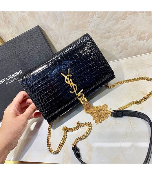 YSL Kate Black Original Croc Veins Real Leather Tassel Golden Metal Wallet On Chain