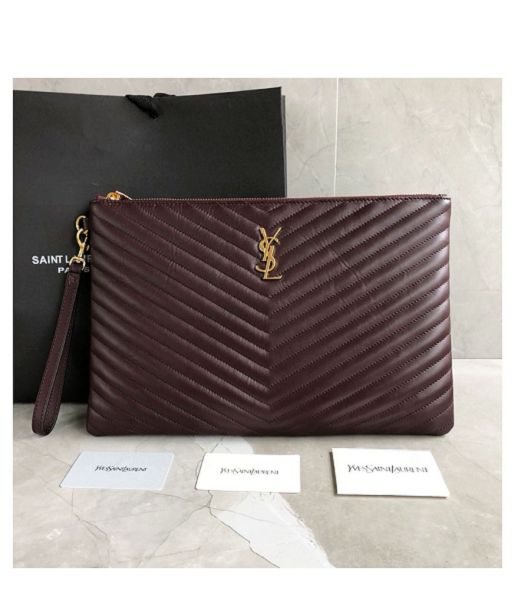 YSL Monogram Matelasse Wine Red Original Real Leather Golden Metal Document Holder