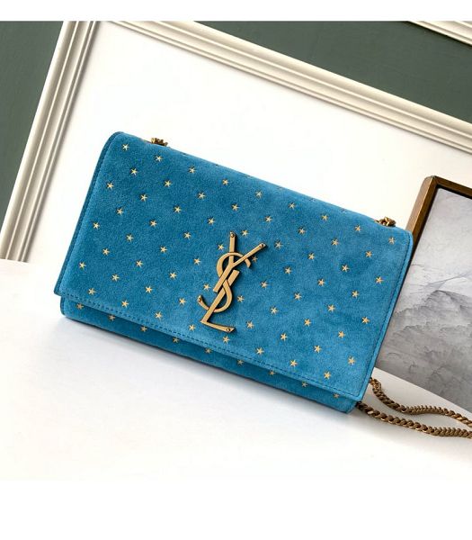 YSL Kate Blue Original Scrub Leather Golden Metal Wallet On Chain