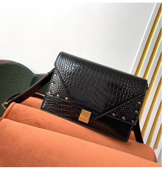 YSL Margaux Black Original Croc Veins Leather Shoulder Bag