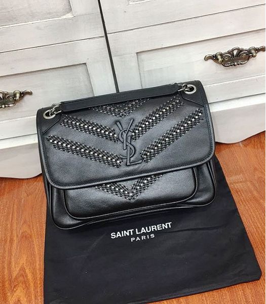 YSL Niki Baby Black Original Weave Real Leather Black Metal 28cm Shoulder Bag