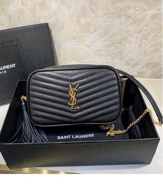 YSL Black Original Caviar Matelasse Leather Golden Metal Tassel Mini Camera Crossbody Bag