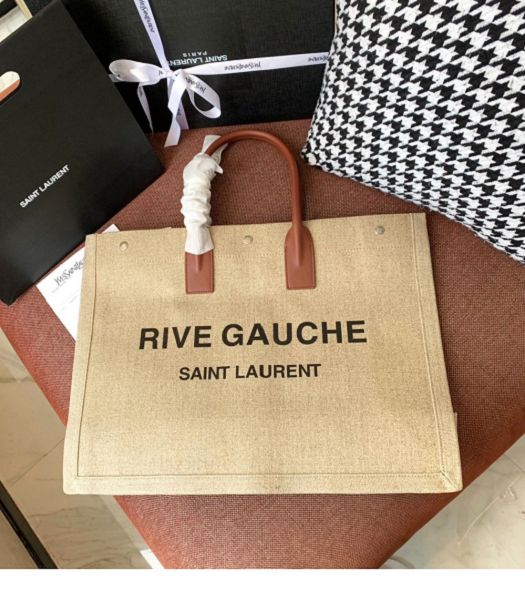 YSL Rive Gauche Apricot Linen With Brown Original Leather Large Tote Shopping Bag