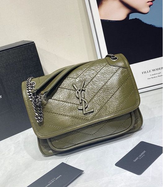 YSL Niki Baby Olive Green Original Oil Wax Wrinkly Real Leather Silver Metal 22cm Shoulder Bag