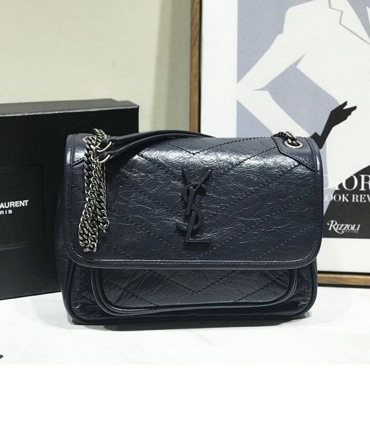 YSL Niki Baby Dark Blue Original Oil Wax Wrinkly Real Leather Silver Metal 22cm Shoulder Bag