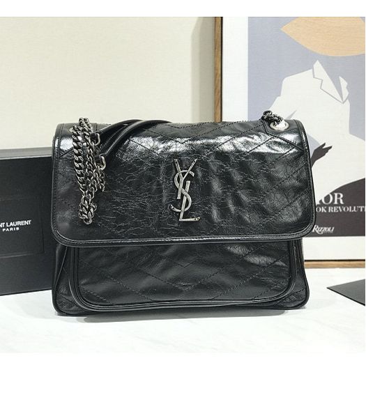 YSL Niki Baby Black Original Oil Wax Wrinkly Real Leather Silver Metal 32cm Shoulder Bag