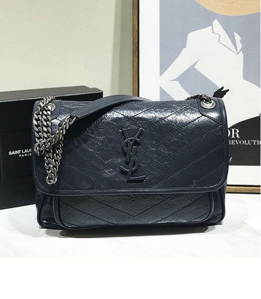 YSL Niki Baby Dark Blue Original Oil Wax Wrinkly Real Leather Silver Metal 28cm Shoulder Bag