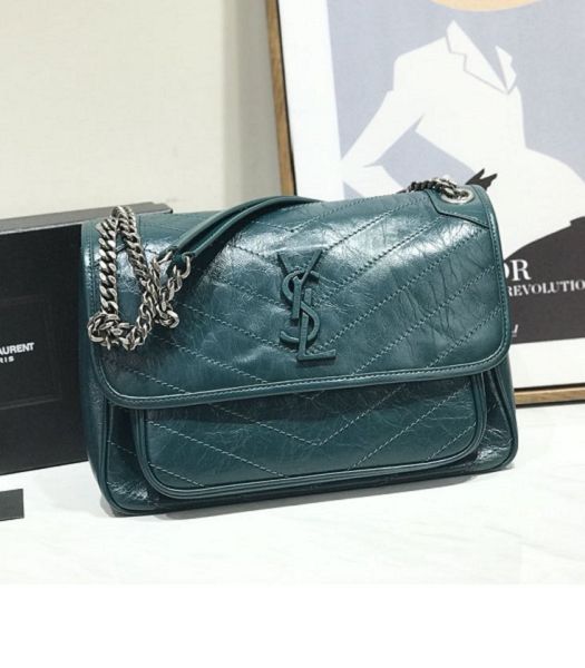 YSL Niki Baby Turquoise Original Oil Wax Wrinkly Real Leather Silver Metal 28cm Shoulder Bag