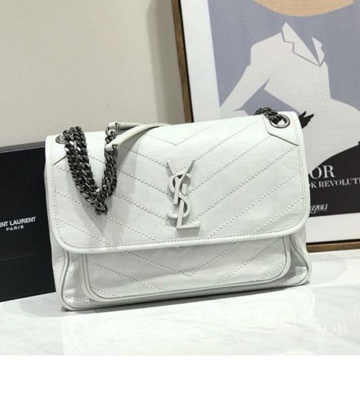 YSL Niki Baby White Original Oil Wax Wrinkly Real Leather Silver Metal 28cm Shoulder Bag