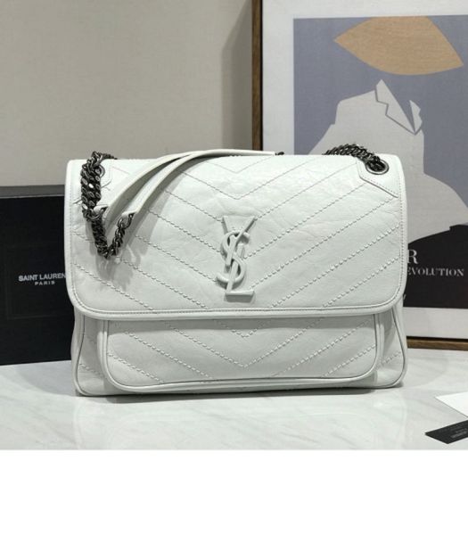 YSL Niki Baby White Original Oil Wax Wrinkly Real Leather Silver Metal 32cm Shoulder Bag