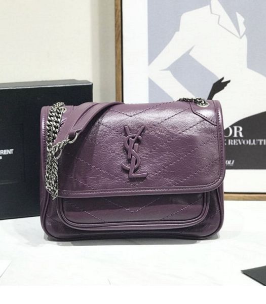 YSL Niki Baby Fuchsia Original Oil Wax Wrinkly Real Leather Silver Metal 22cm Shoulder Bag