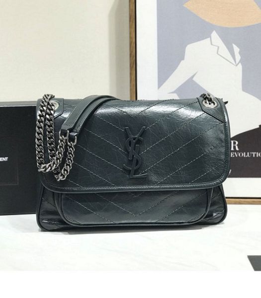 YSL Niki Baby Dark Green Original Oil Wax Wrinkly Real Leather Silver Metal 28cm Shoulder Bag