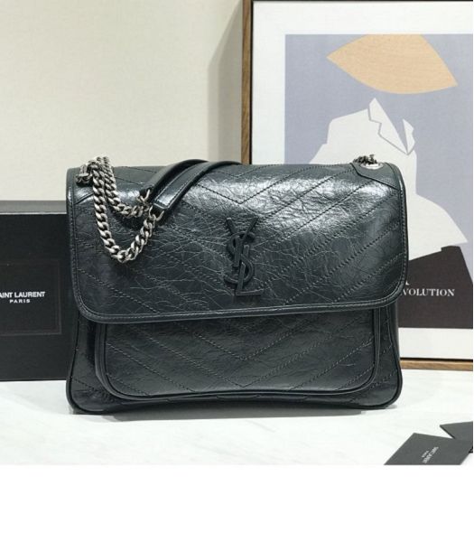 YSL Niki Baby Dark Green Original Oil Wax Wrinkly Real Leather Silver Metal 32cm Shoulder Bag