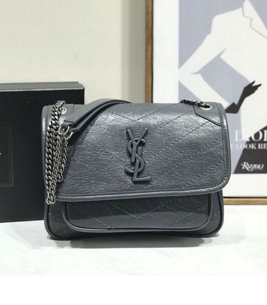 YSL Niki Baby Grey Blue Original Oil Wax Wrinkly Real Leather Silver Metal 22cm Shoulder Bag