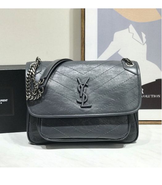 YSL Niki Baby Grey Blue Original Oil Wax Wrinkly Real Leather Silver Metal 28cm Shoulder Bag