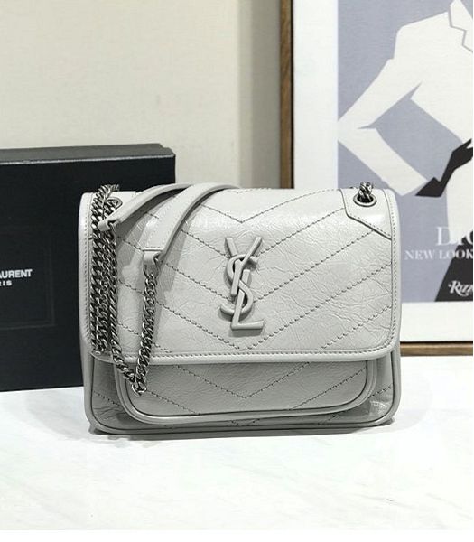 YSL Niki Baby Silver Grey Original Oil Wax Wrinkly Real Leather Silver Metal 22cm Shoulder Bag