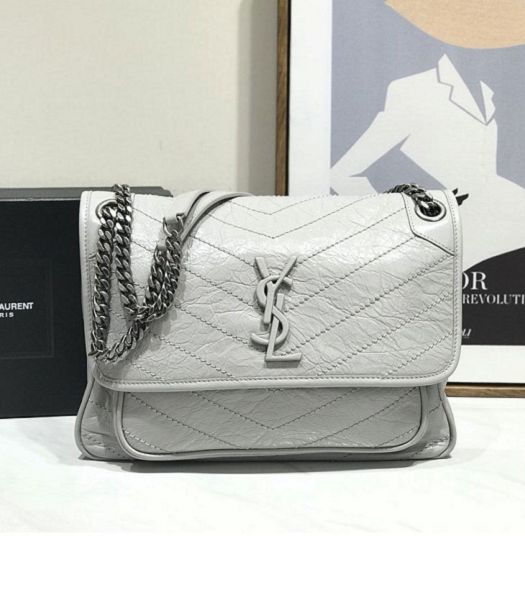 YSL Niki Baby Silver Grey Original Oil Wax Wrinkly Real Leather Silver Metal 28cm Shoulder Bag