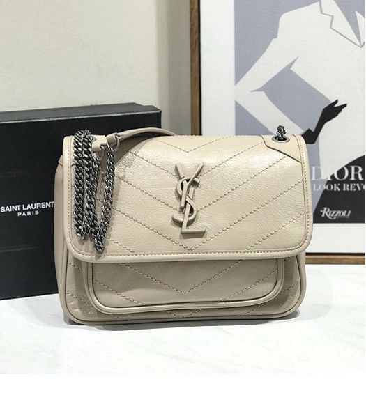 YSL Niki Baby Light Apricot Original Oil Wax Wrinkly Real Leather Silver Metal 22cm Shoulder Bag