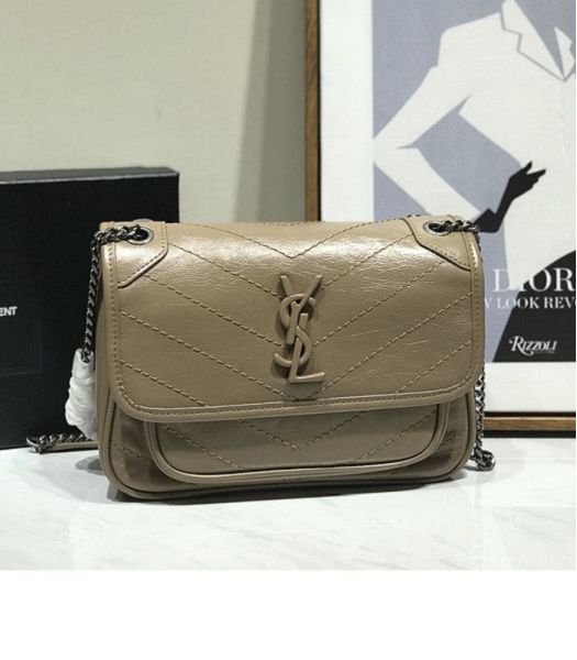 YSL Niki Baby Apricot Original Oil Wax Wrinkly Real Leather Silver Metal 22cm Shoulder Bag