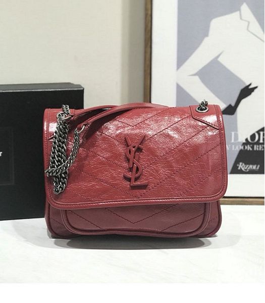 YSL Niki Baby Red Original Oil Wax Wrinkly Real Leather Silver Metal 22cm Shoulder Bag