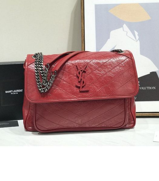 YSL Niki Baby Red Original Oil Wax Wrinkly Real Leather Silver Metal 32cm Shoulder Bag