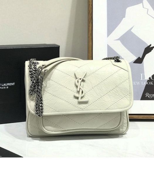 YSL Niki Baby Cream Original Oil Wax Wrinkly Real Leather Silver Metal 22cm Shoulder Bag