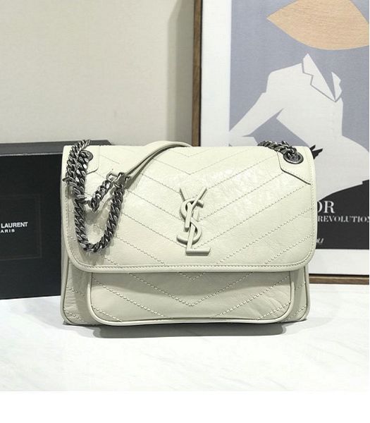 YSL Niki Baby Cream Original Oil Wax Wrinkly Real Leather Silver Metal 28cm Shoulder Bag