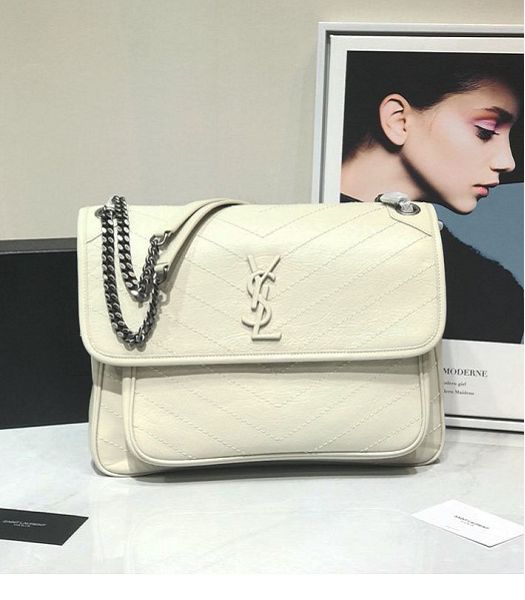 YSL Niki Baby Cream Original Oil Wax Wrinkly Real Leather Silver Metal 32cm Shoulder Bag