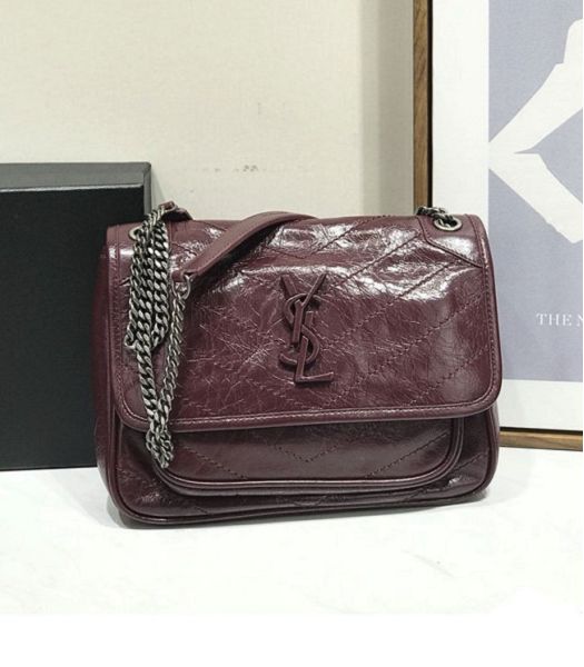 YSL Niki Baby Wine Red Original Oil Wax Wrinkly Real Leather Silver Metal 22cm Shoulder Bag