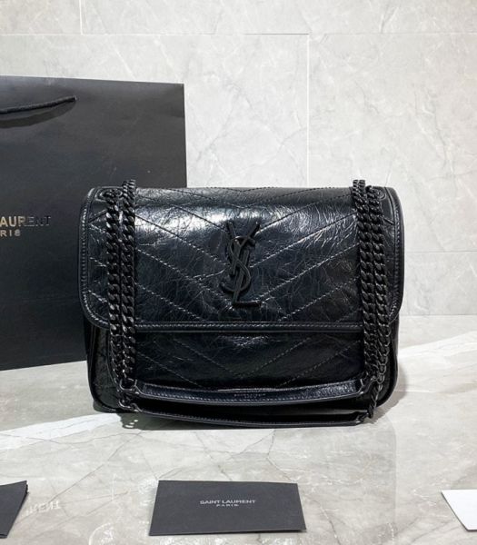 YSL Niki Baby Black Original Oil Wax Wrinkly Real Leather Black Metal 28cm Shoulder Bag