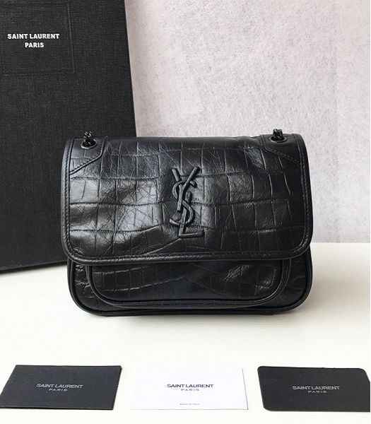 YSL Niki Baby Black Original Croc Veins Real Leather Black Metal 22cm Shoulder Bag