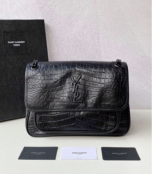 YSL Niki Baby Black Original Croc Veins Real Leather Black Metal 28cm Shoulder Bag