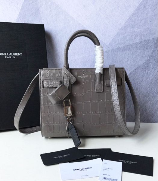 YSL Baby Sac De Jour Grey Original Croc Veins Leather 22cm Souple Duffle Tote Shoulder Bag